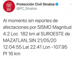Se registra sismo de 4.2 grados cerca de Mazatlán.