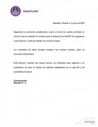 Un caso positivo de Covid-19 en Mazatlán FC