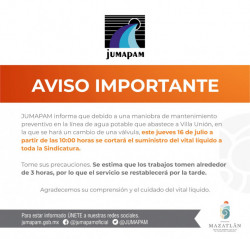 Estará sin agua Villa Unión este jueves