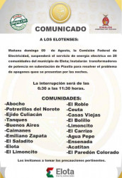 En Elota también habrá corte de luz