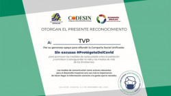 Entrega CODESIN reconocimiento a TVP por difusión en medidas preventivas contra el COVID