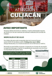 Último día para aplicación de la  vacuna SINOVAC en Culiacán