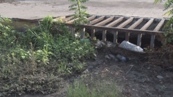Alcantarilla cubierta por maleza y basura