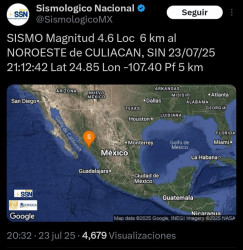 Sismo de 4.6 sacude a Culiacán y alrededores